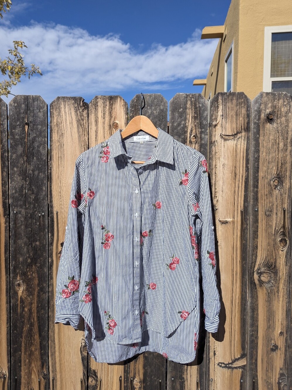 Calvin Klein Blue & White Striped Button-Down with Pink Floral Embroidery